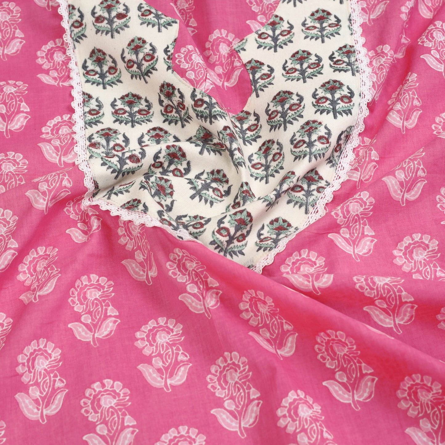 Buy Pink Sanganeri Print Patchwork Cotton Kurta Material