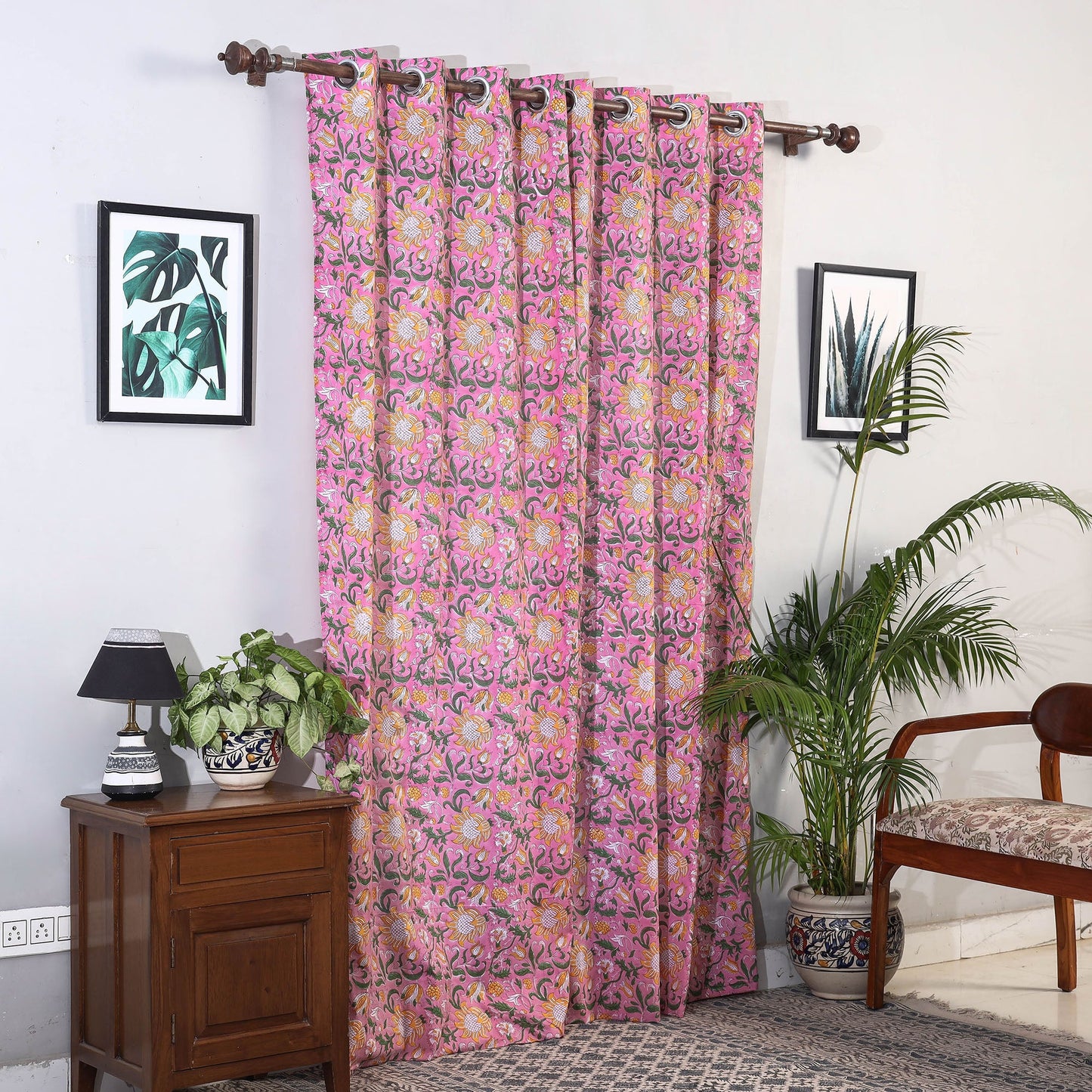 Pink - sanganeri printed cotton door curtain (7 x 3 feet)