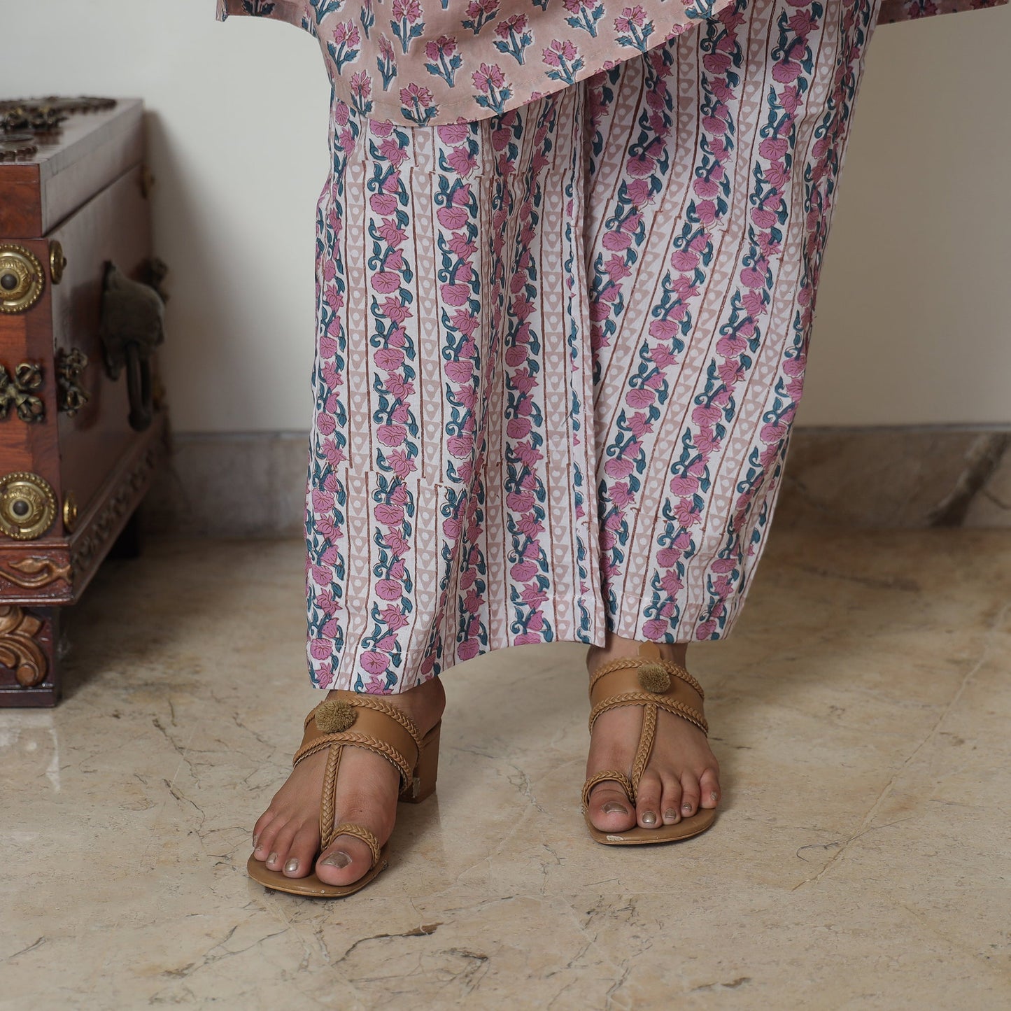 Pink - sanganeri printed cotton kali kurta with palazzo set