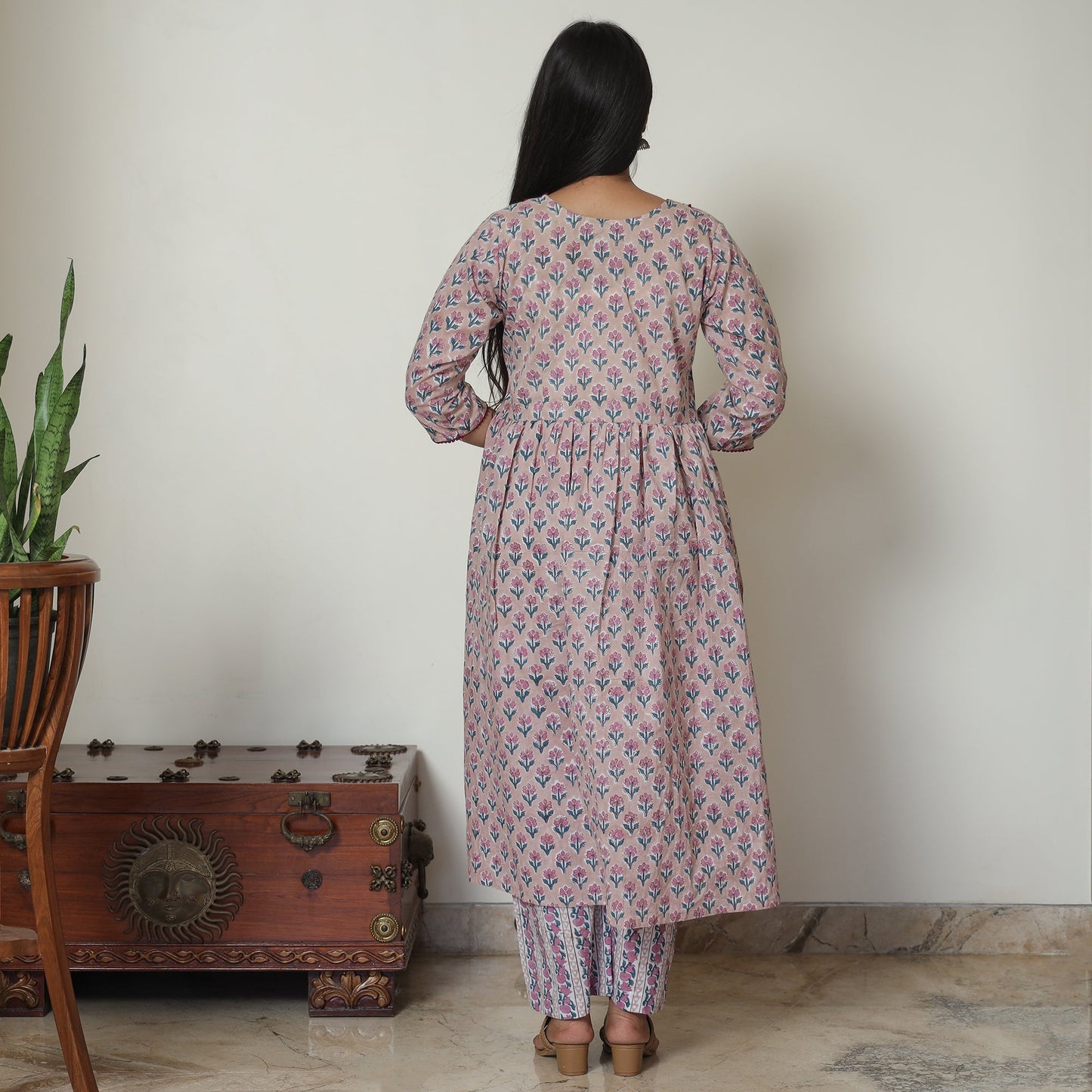 Pink - sanganeri printed cotton kali kurta with palazzo set