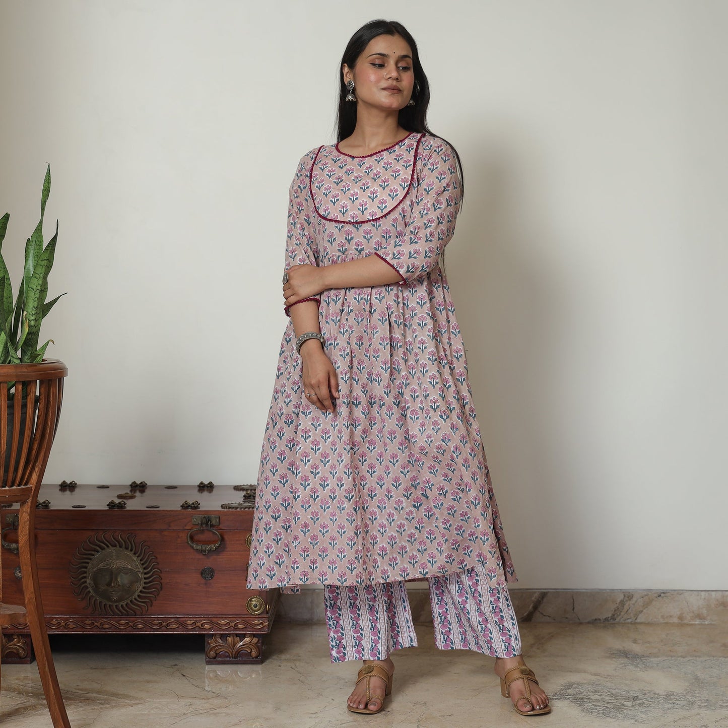 Pink - sanganeri printed cotton kali kurta with palazzo set