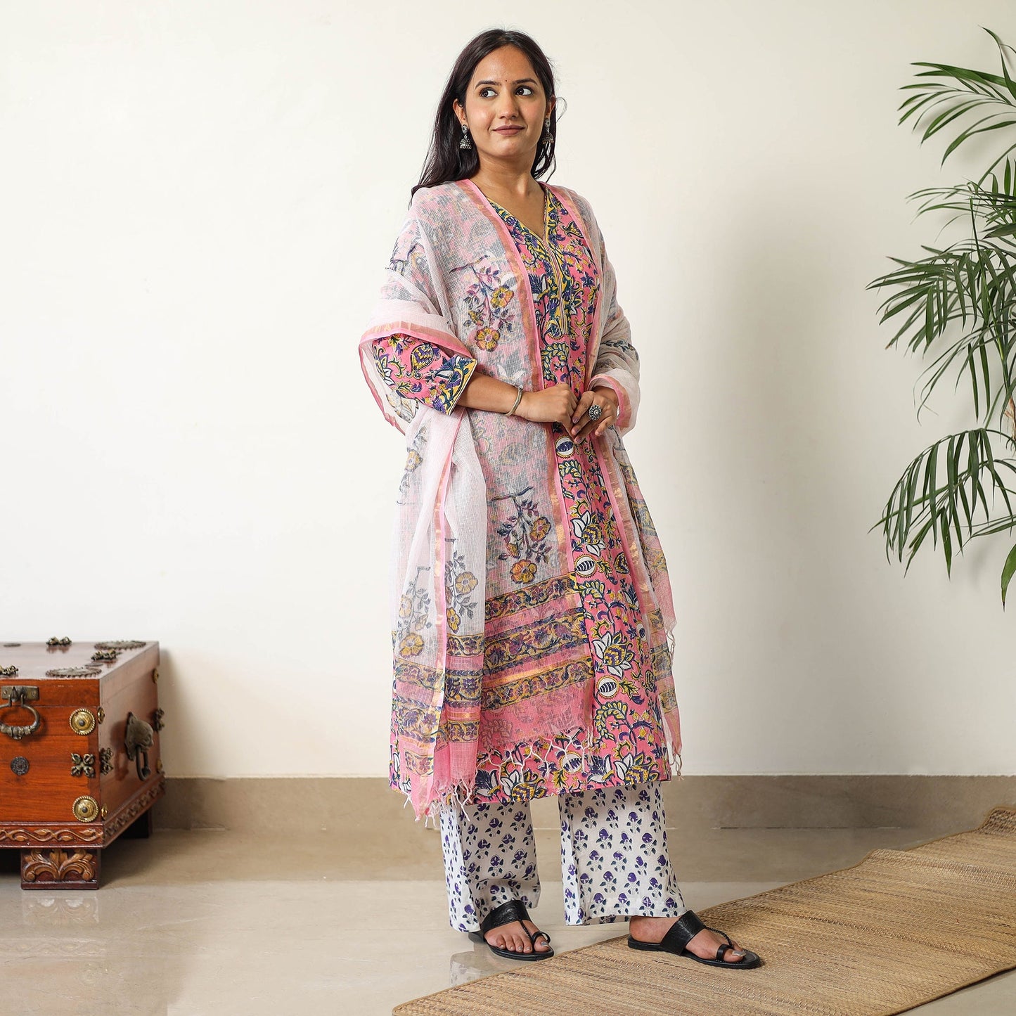  Sanganeri Block Printed Cotton Kurta with Palazzo & Dupatta Set 14 