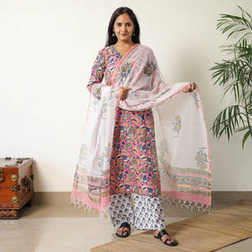  Sanganeri Block Printed Cotton Kurta with Palazzo & Dupatta Set 14 