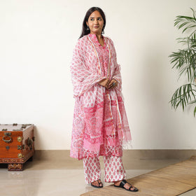 Buy Sanganeri Block Printed Cotton Kurta with Palazzo & Dupatta Set 15 Online at iTokri.com