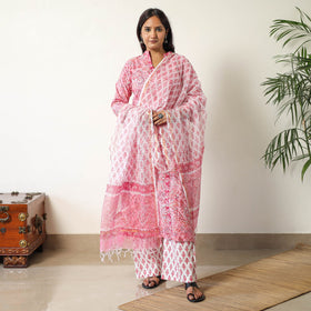 Buy Sanganeri Block Printed Cotton Kurta with Palazzo & Dupatta Set 15 Online at iTokri.com