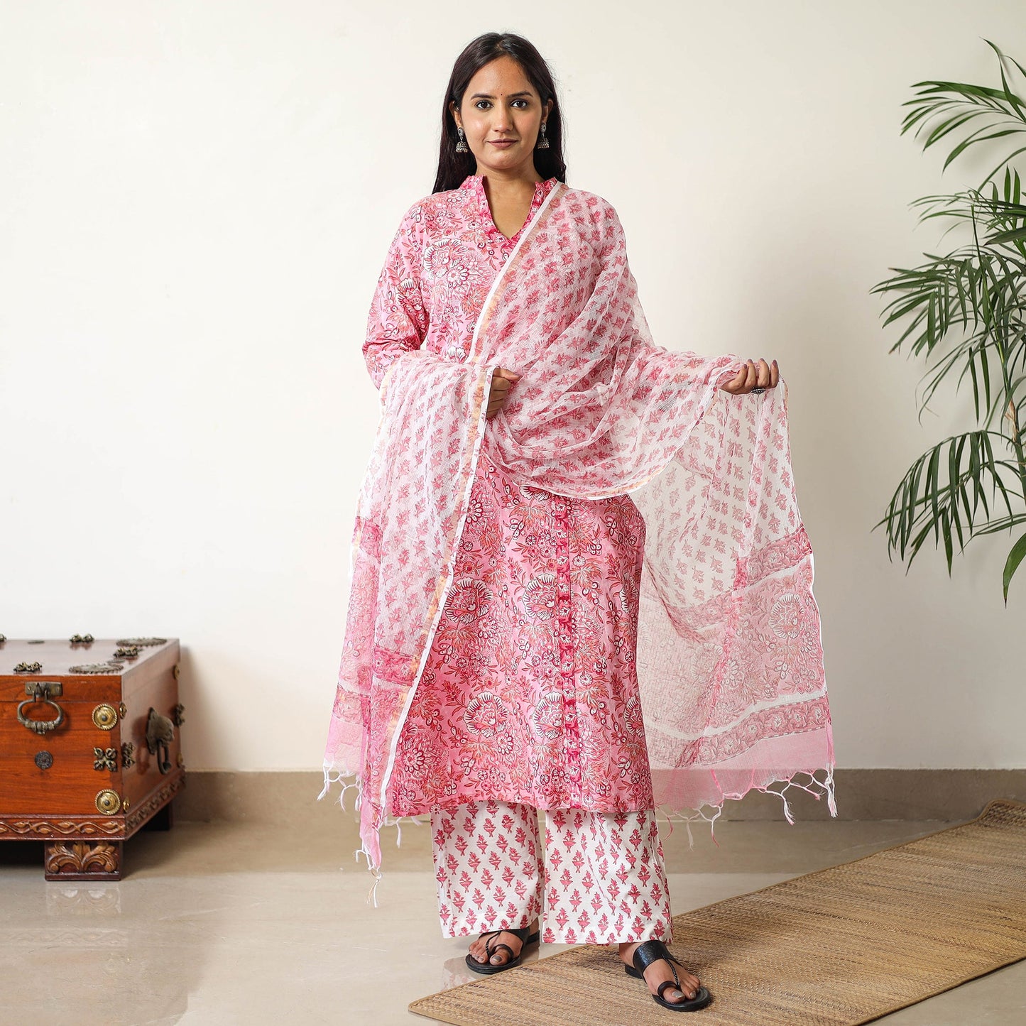 Buy Sanganeri Block Printed Cotton Kurta with Palazzo & Dupatta Set 15 Online at iTokri.com