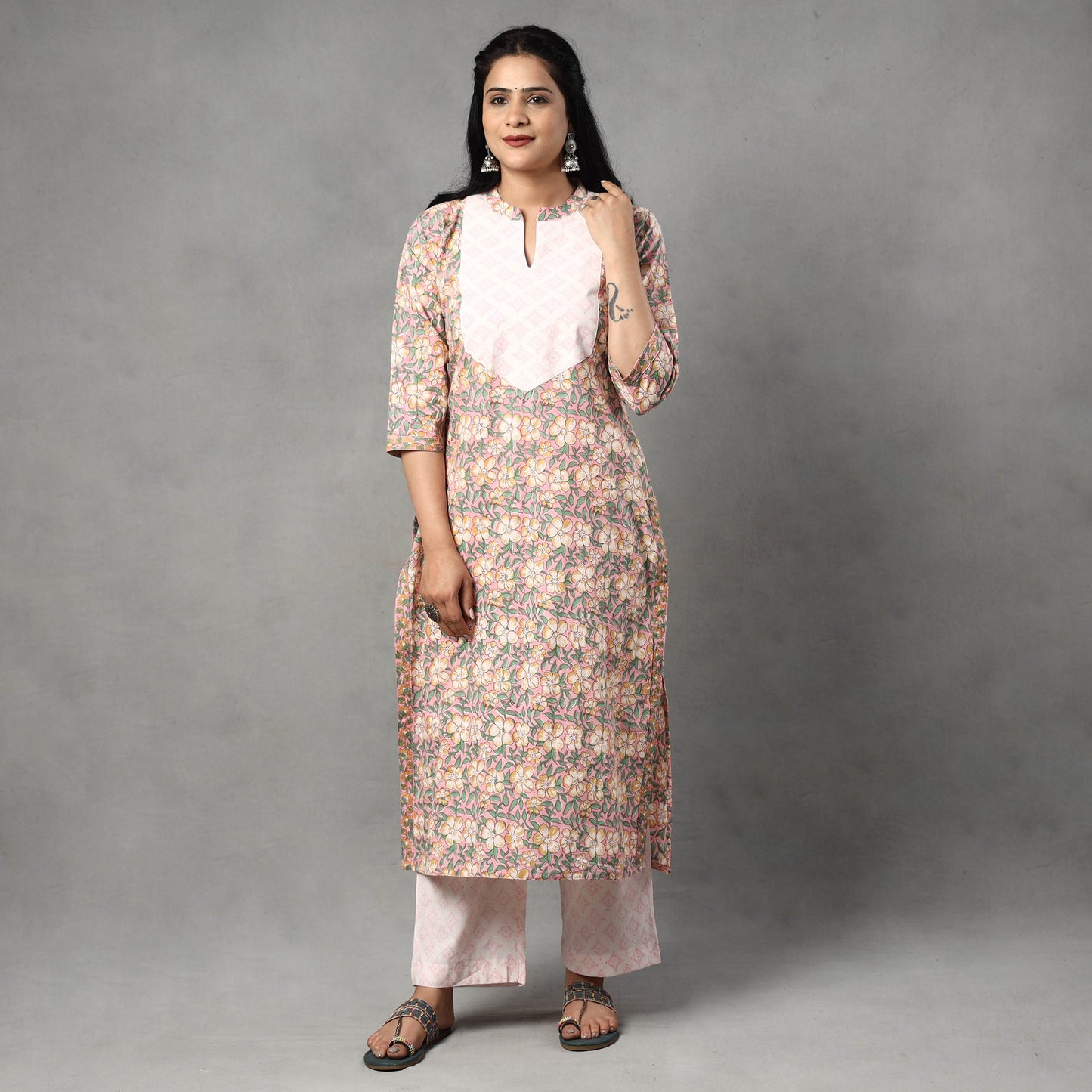  Sanganeri Block Printed Cotton Kurta with Palazzo & Dupatta Set 