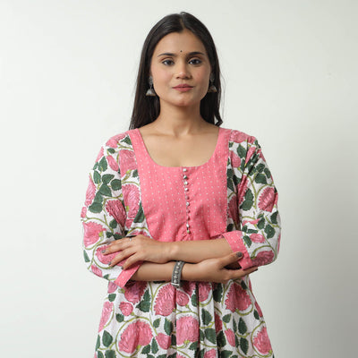 Buy Sanganeri Block Printed Cotton A-Line Kurta with Jacquard Patchwork 01 Online at iTokri.com