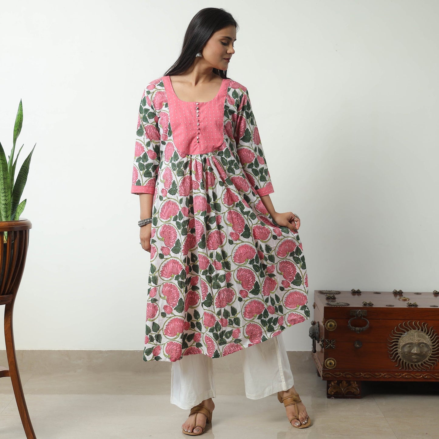 Buy Sanganeri Block Printed Cotton A-Line Kurta with Jacquard Patchwork 01 Online at iTokri.com