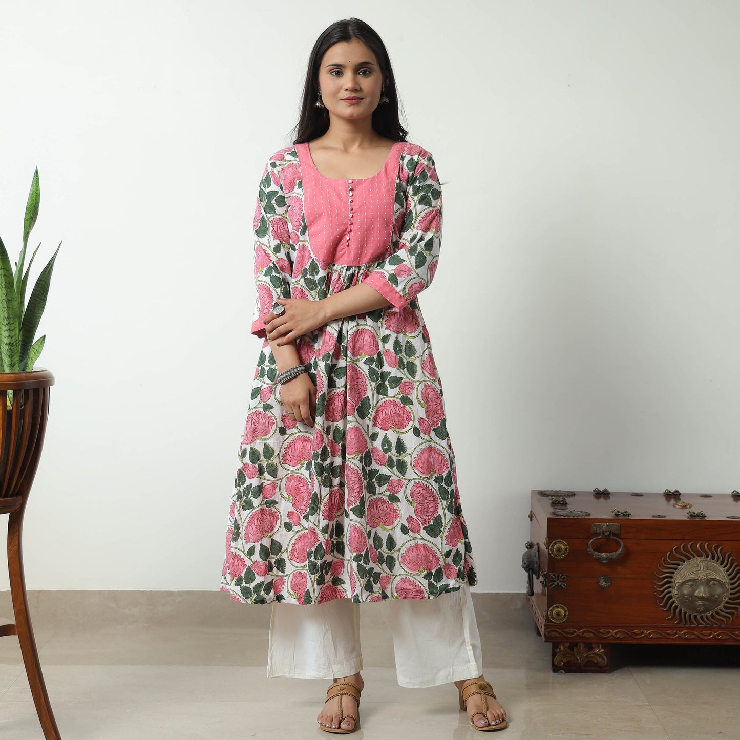 Buy Sanganeri Block Printed Cotton A-Line Kurta with Jacquard Patchwork 01 Online at iTokri.com