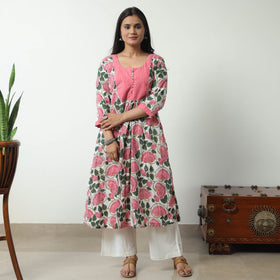 Buy Sanganeri Block Printed Cotton A-Line Kurta with Jacquard Patchwork 01 Online at iTokri.com
