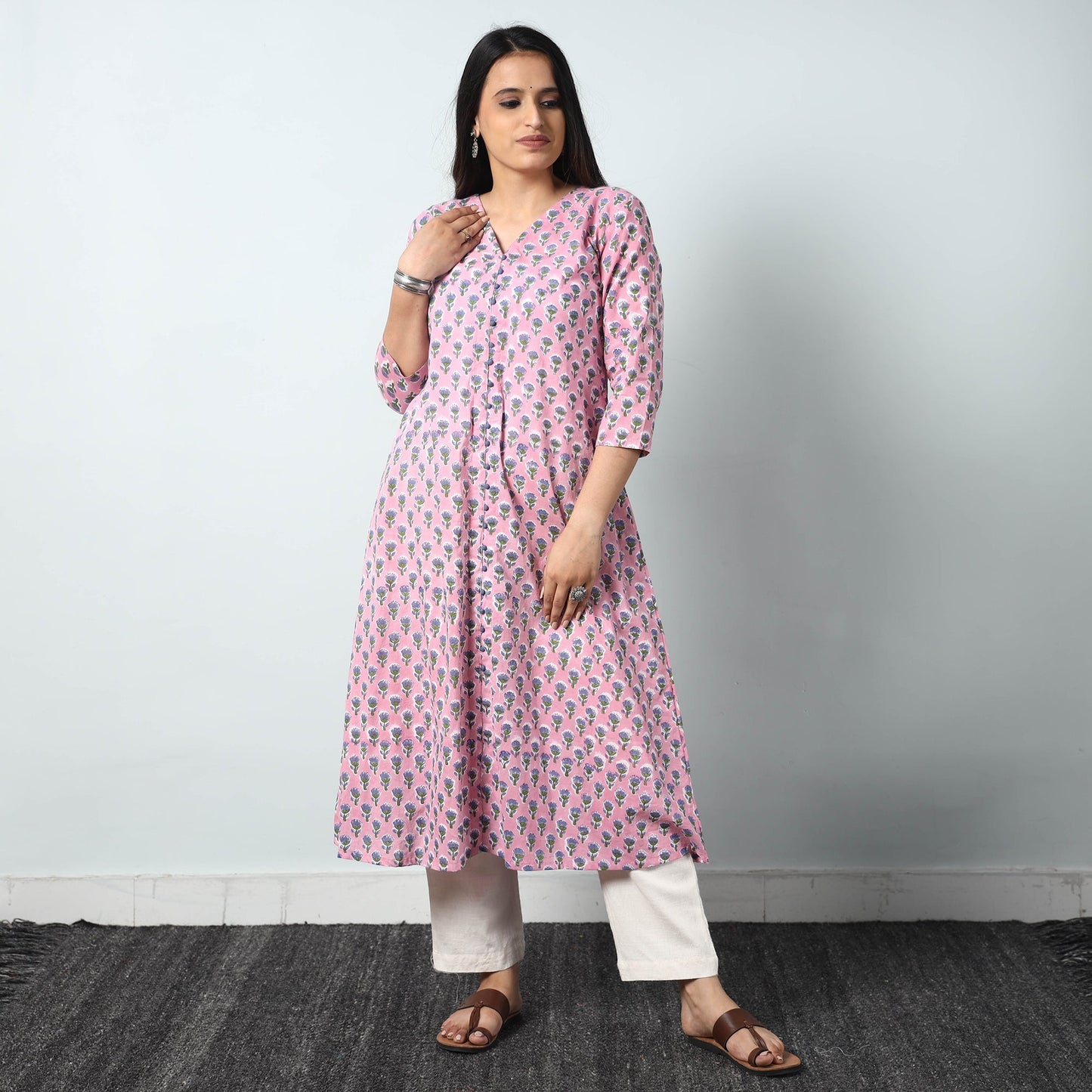  Sanganeri Block Printed Cotton Long Kurta Online 
