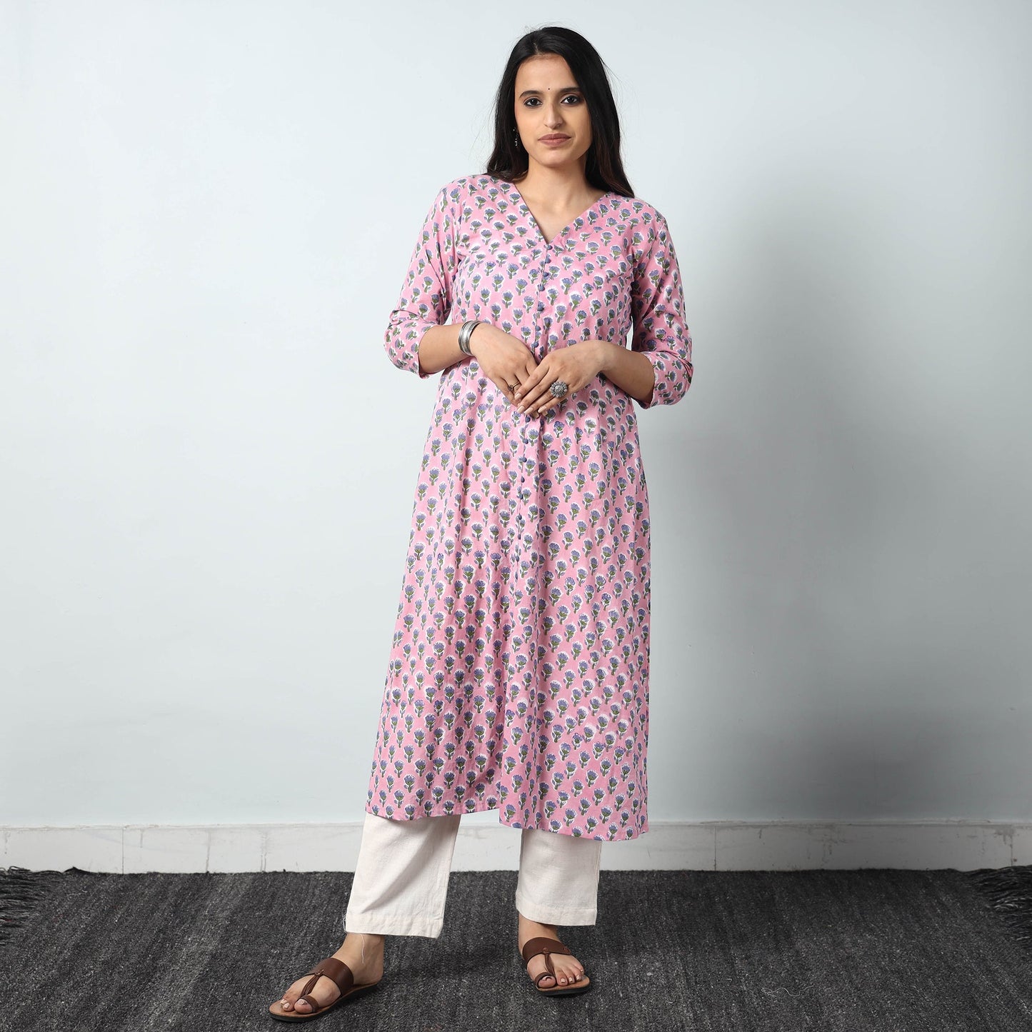  Sanganeri Block Printed Cotton Long Kurta Online 