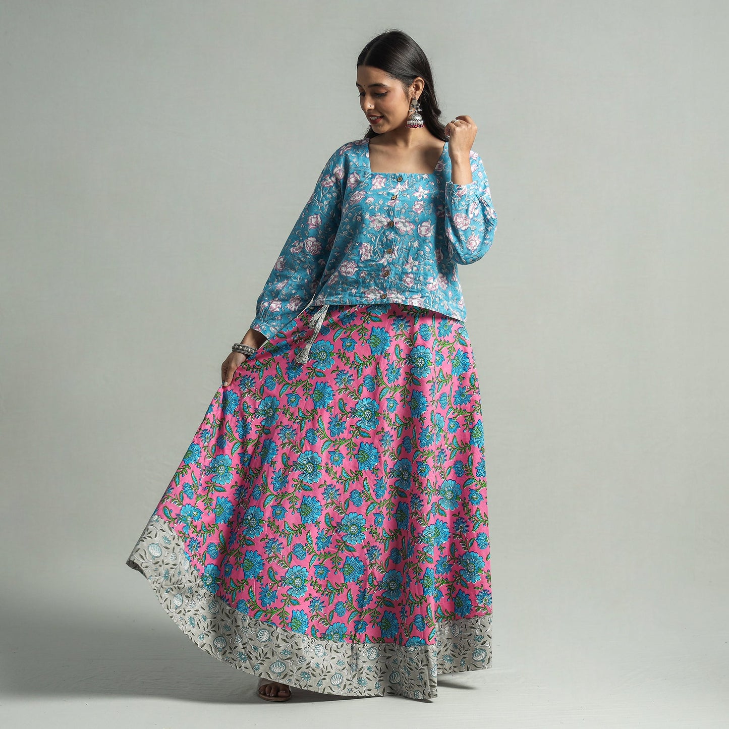 Pink Sanganeri Block Printed Cotton Long Skirt 