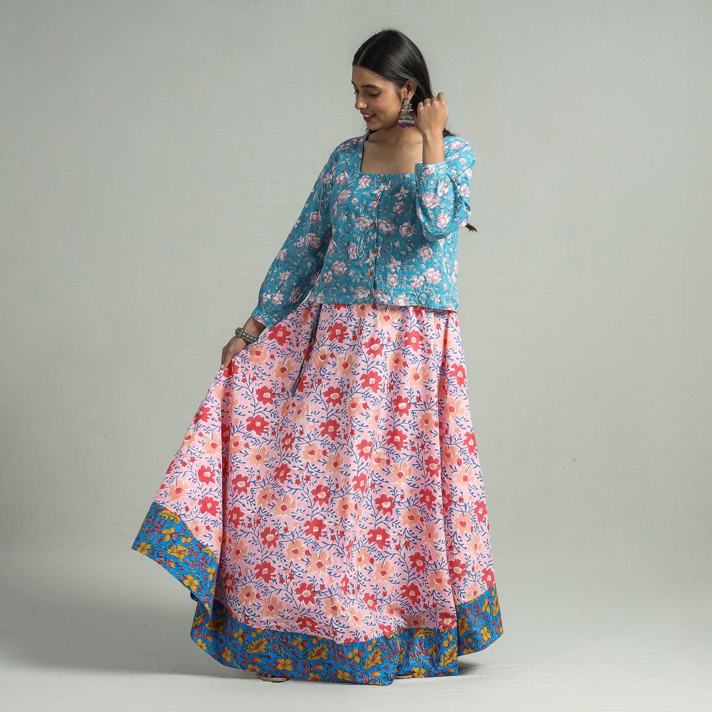 Pink Sanganeri Block Printed Cotton Long Skirt 