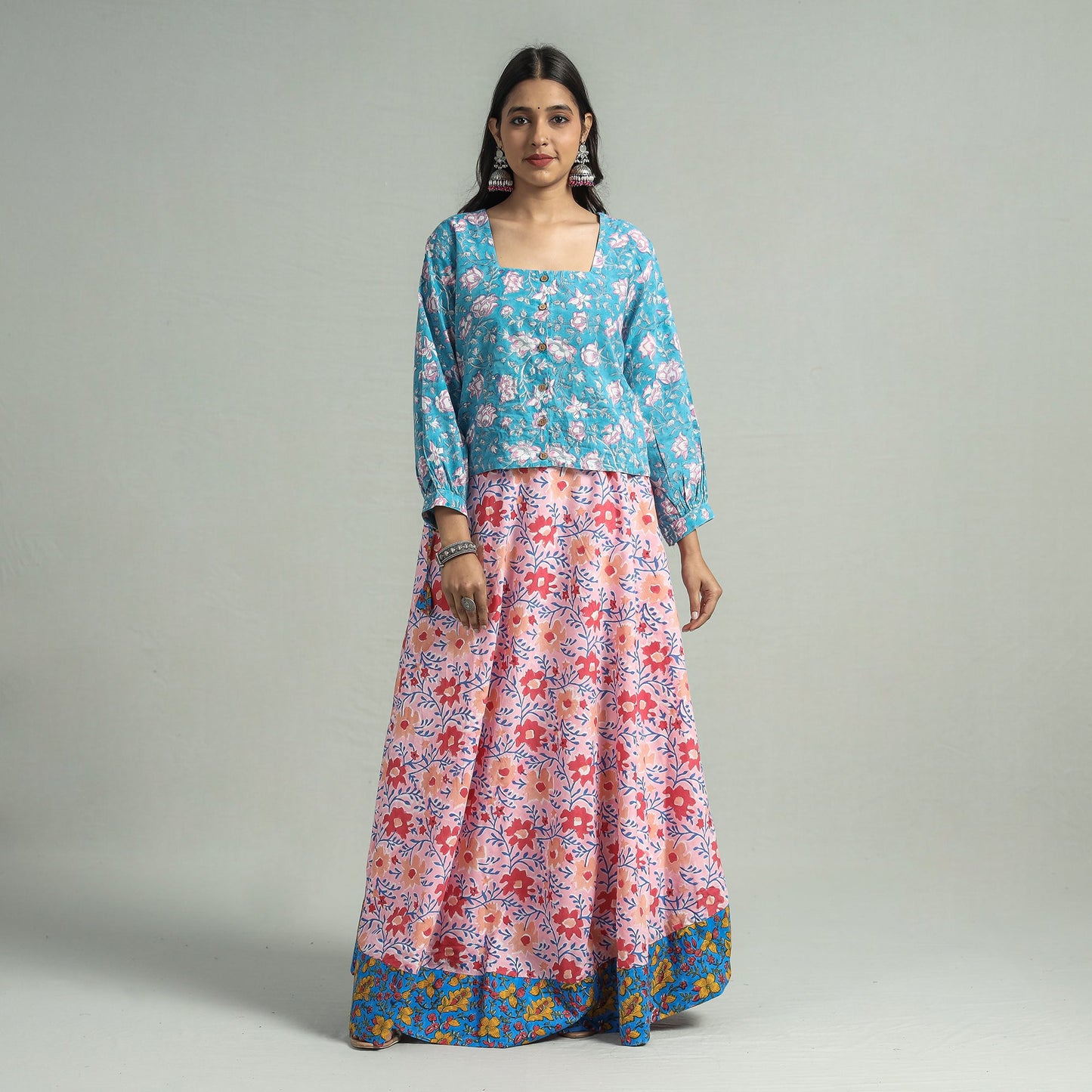 Pink Sanganeri Block Printed Cotton Long Skirt 