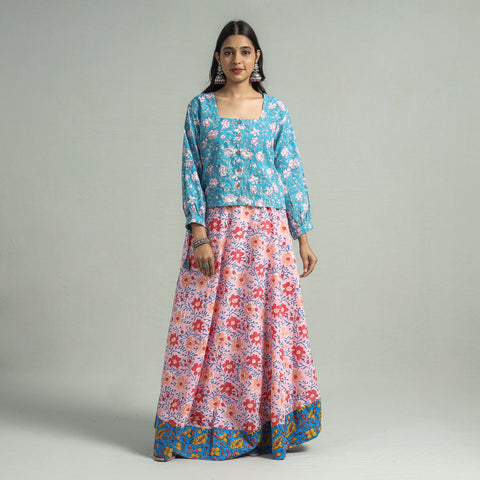 Pink Sanganeri Block Printed Cotton Long Skirt 