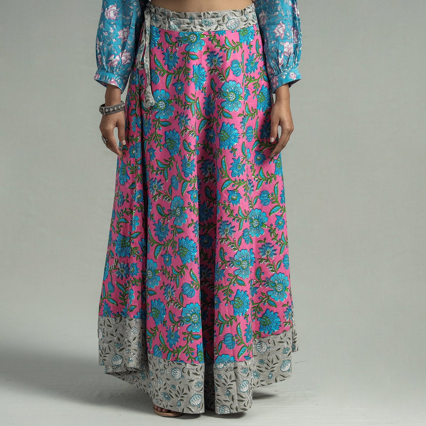 Pink Sanganeri Block Printed Cotton Long Skirt 