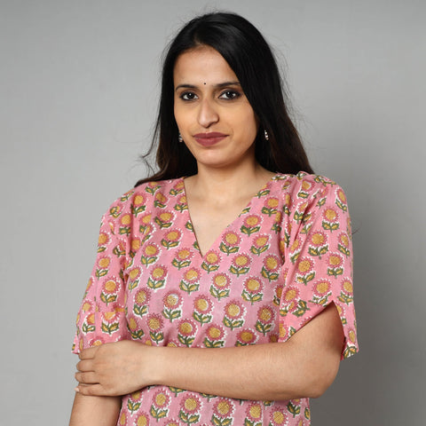 Pink - Sanganeri Block Printed Cotton Long Straight Kurta