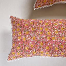 BuySanganeri Block Printed Cotton Pillow Cover With Lace (26 x 16 in) - Set of 2 