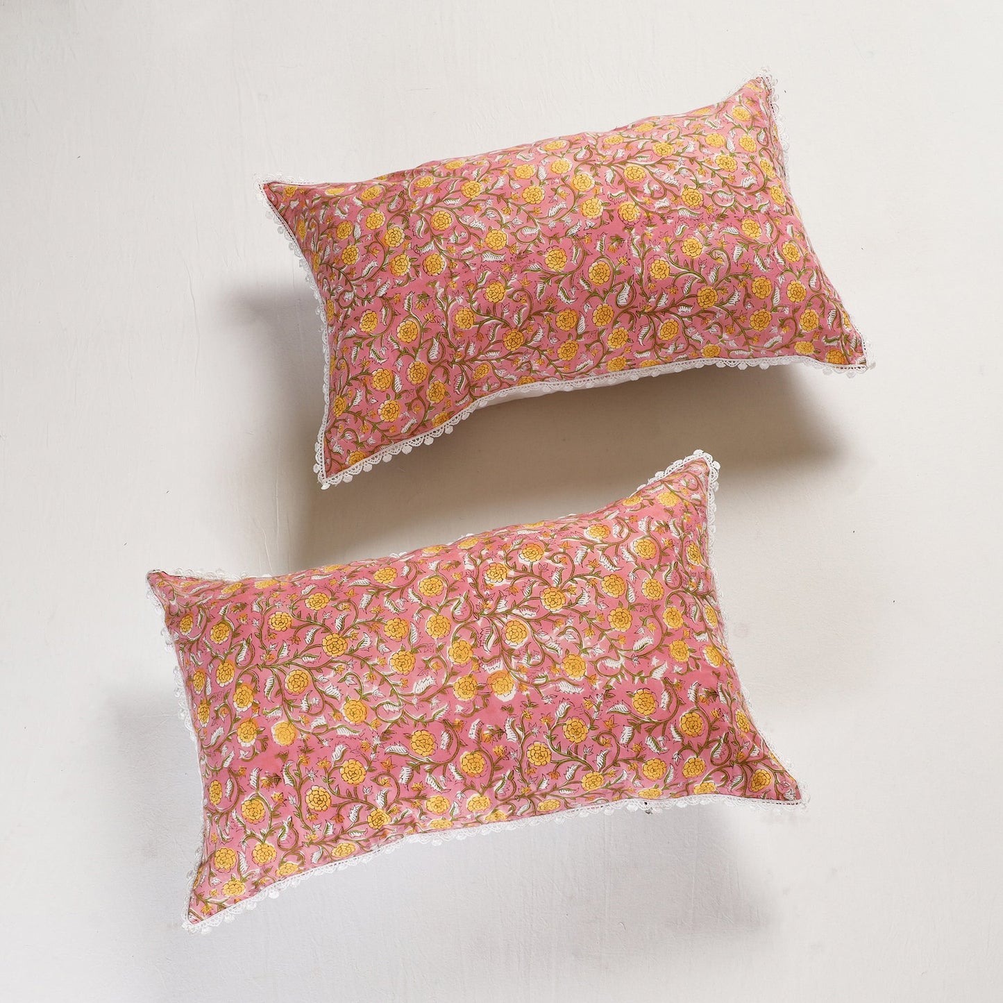 BuySanganeri Block Printed Cotton Pillow Cover With Lace (26 x 16 in) - Set of 2 