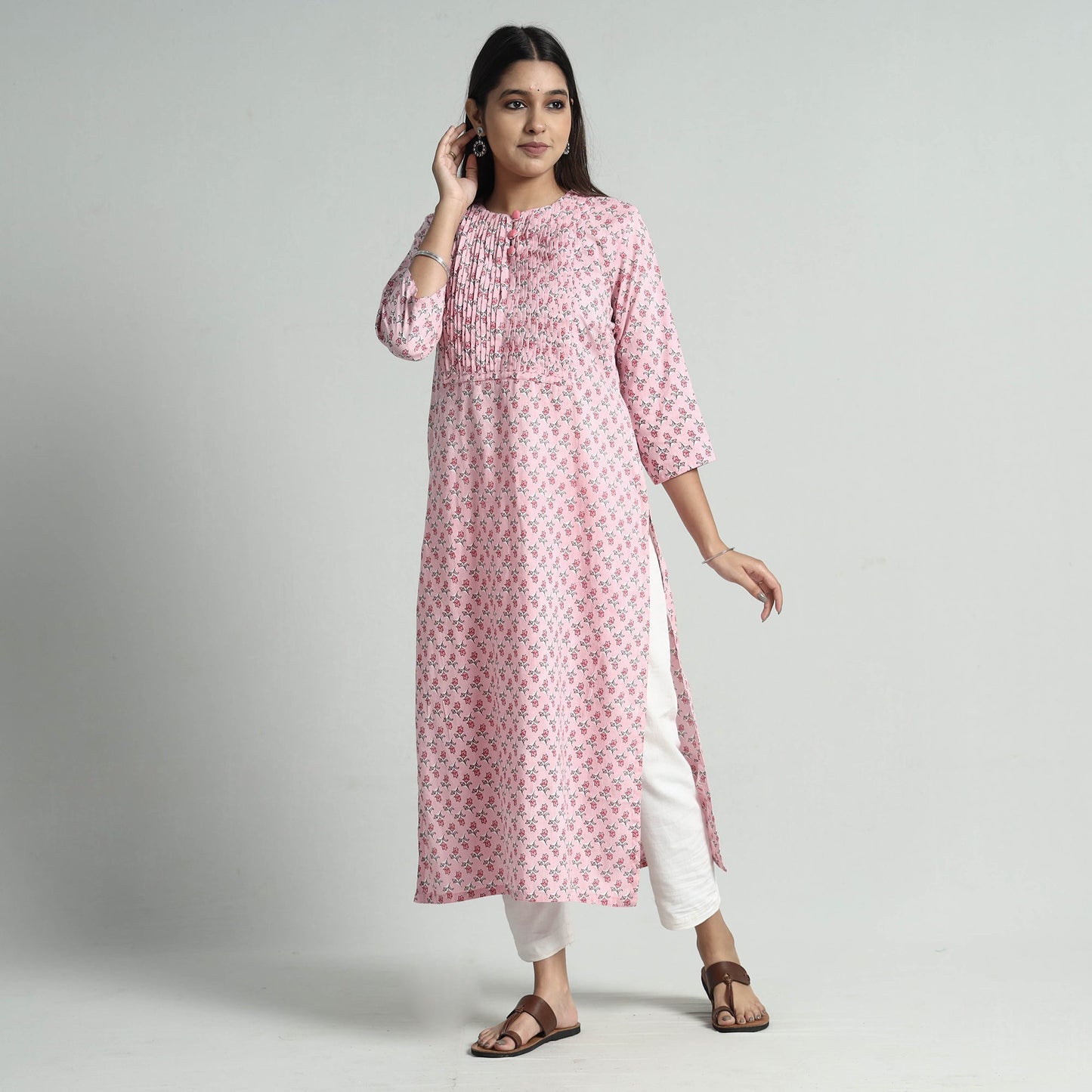 Buy Sanganeri Printed Cotton Pintuck Long Kurta Online l iTokri.com