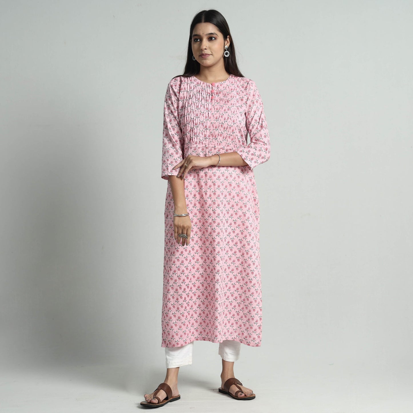 Buy Sanganeri Printed Cotton Pintuck Long Kurta Online l iTokri.com