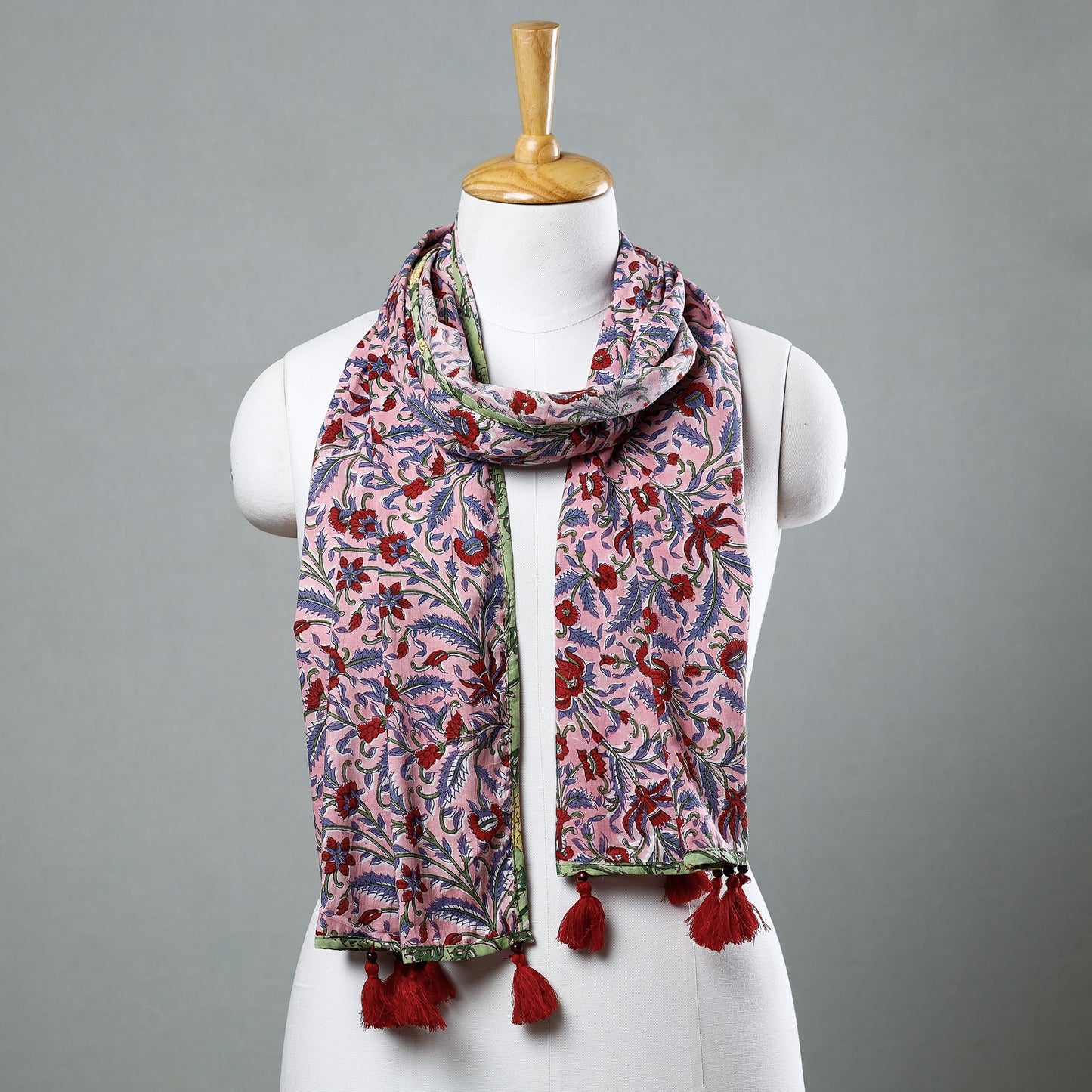 Pink - Sanganeri Block Printed Cotton Stole with Tassels