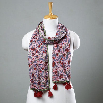 Pink - Sanganeri Block Printed Cotton Stole with Tassels