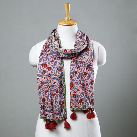 Pink - Sanganeri Block Printed Cotton Stole with Tassels