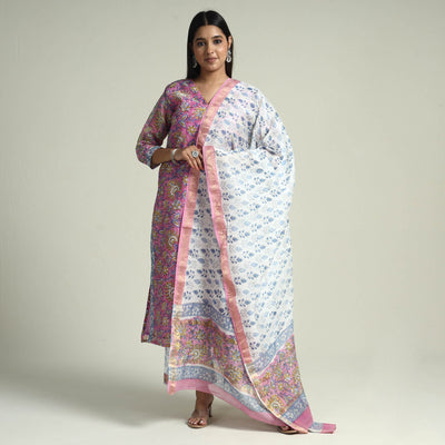 Buy Sanganeri Block Printed Maheshwari Silk Kurta with Palazzo & Dupatta Set Online at iTokri.com