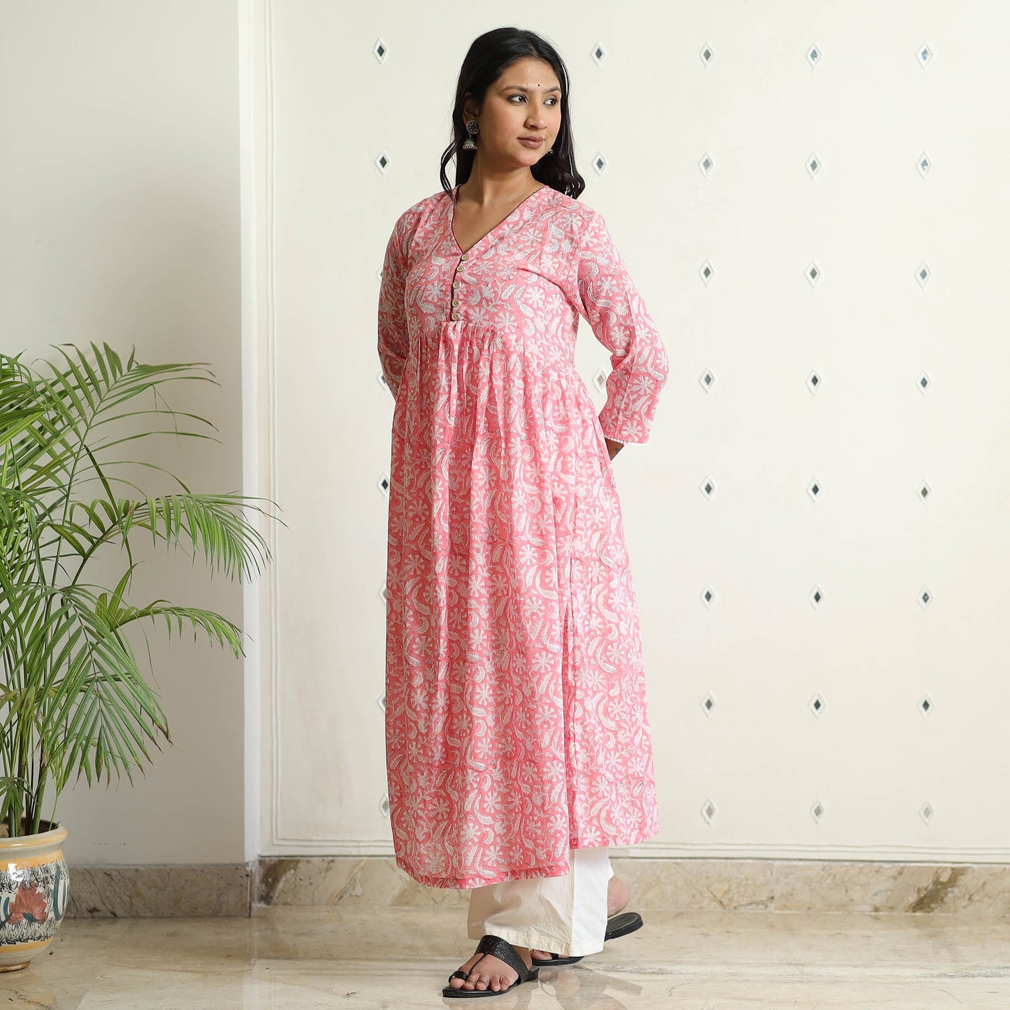 Buy Sanganeri Block Printed Mul Cotton A-Line Kurta Online at iTokri.com