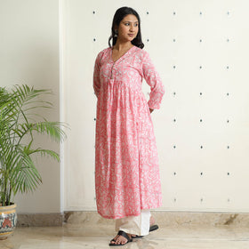 Buy Sanganeri Block Printed Mul Cotton A-Line Kurta Online at iTokri.com