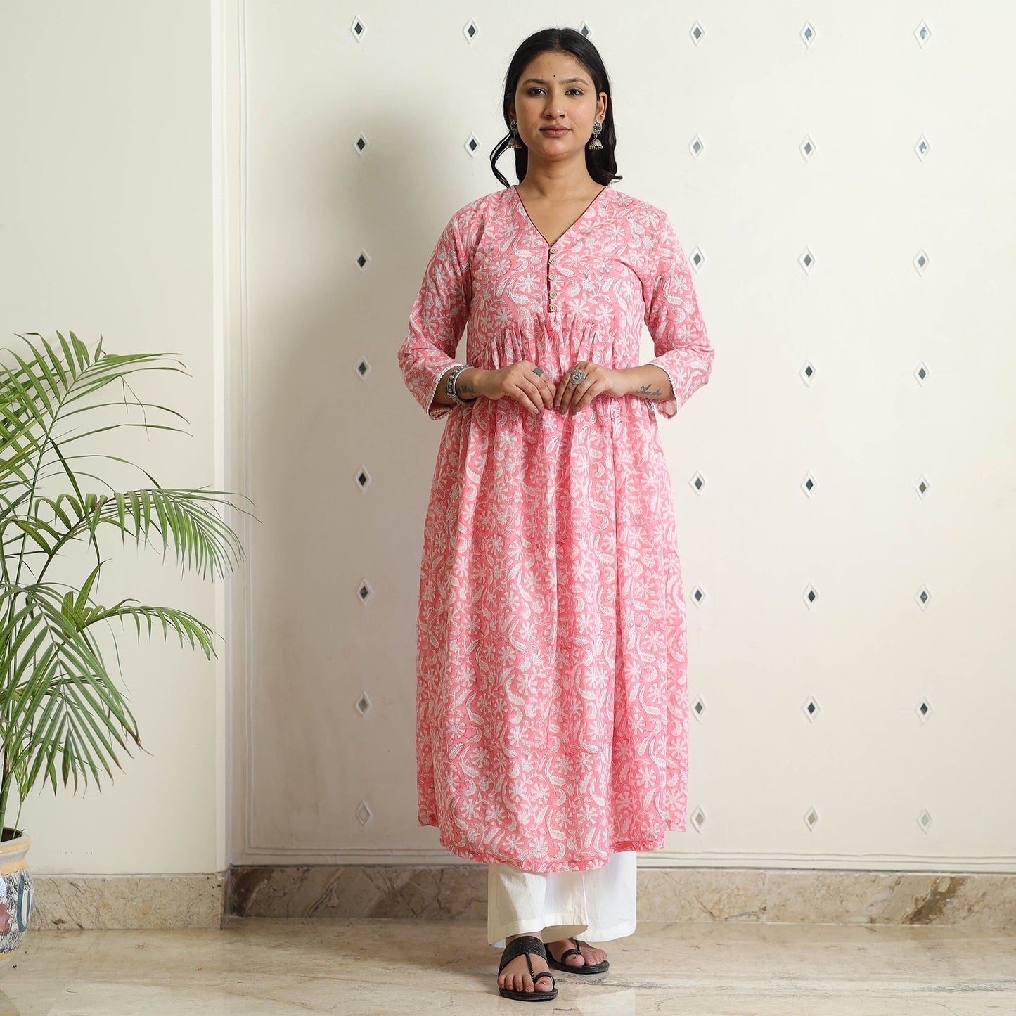 Buy Sanganeri Block Printed Mul Cotton A-Line Kurta Online at iTokri.com