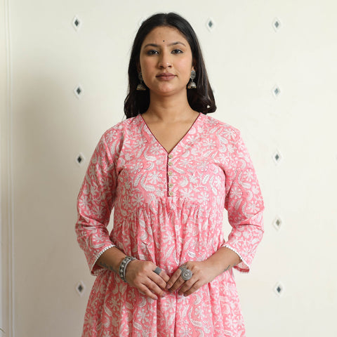 Buy Sanganeri Block Printed Mul Cotton A-Line Kurta Online at iTokri.com