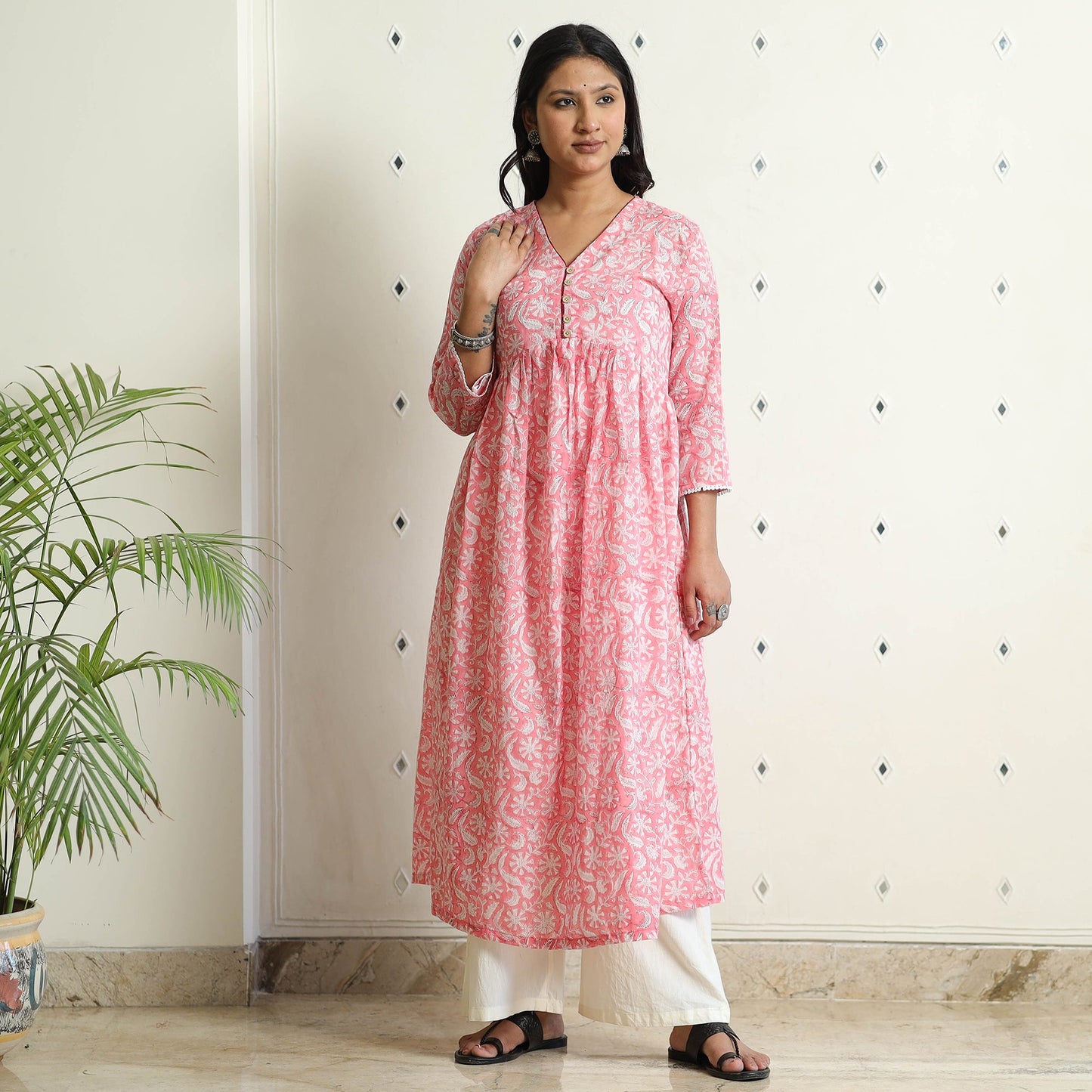 Buy Sanganeri Block Printed Mul Cotton A-Line Kurta Online at iTokri.com