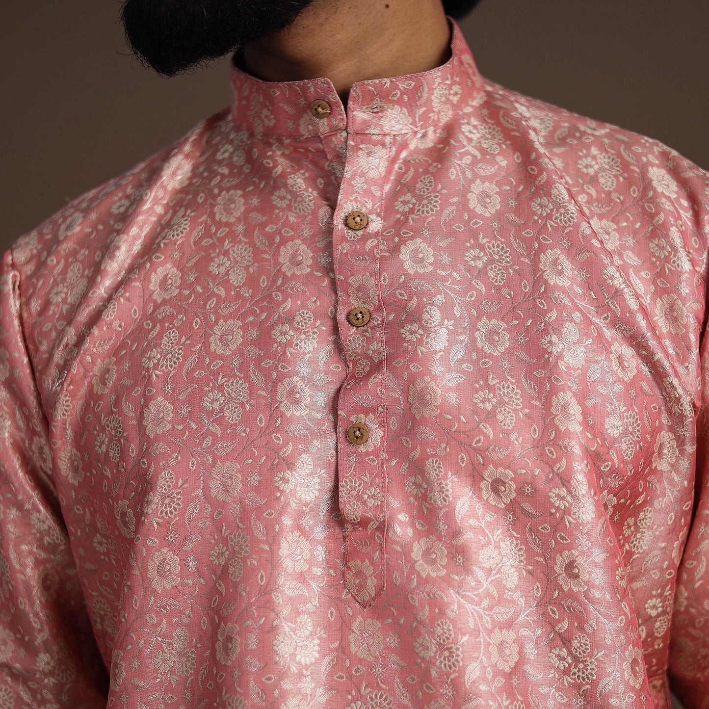 Pink Semi Silk Brocade Banarasi Men Kurta