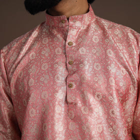 Pink Semi Silk Brocade Banarasi Men Kurta