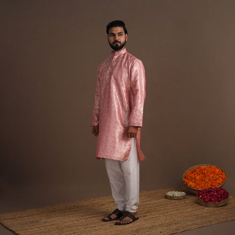 Pink Semi Silk Brocade Banarasi Men Kurta