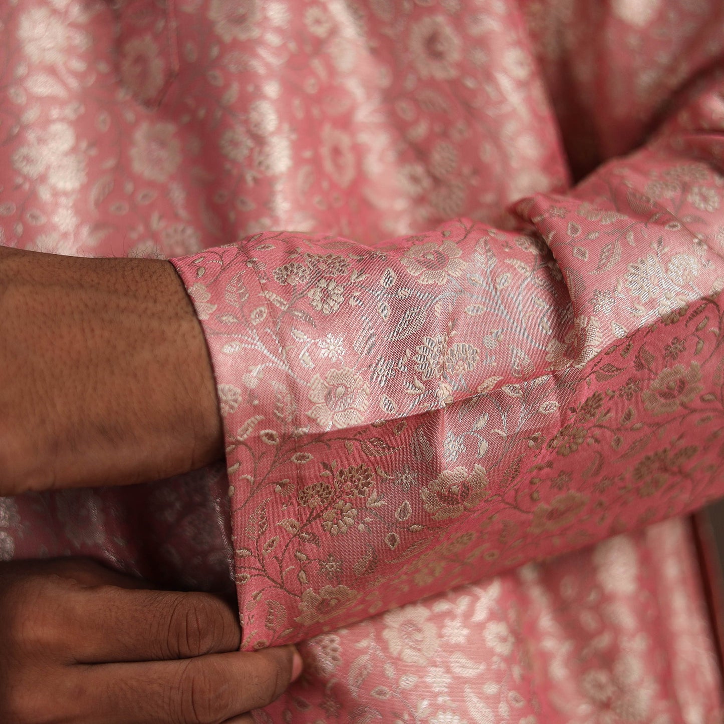 Pink Semi Silk Brocade Banarasi Men Kurta