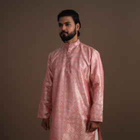 Pink Semi Silk Brocade Banarasi Men Kurta