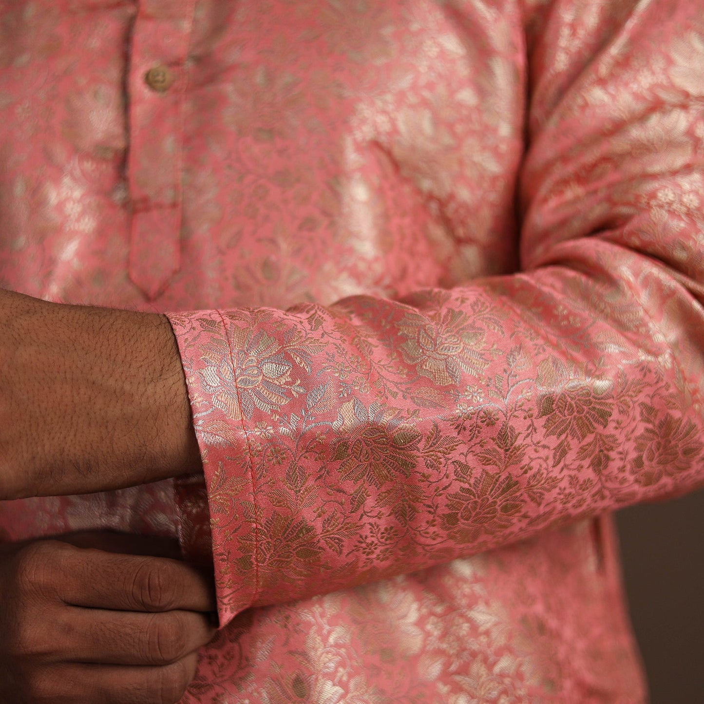 Pink Semi Silk Brocade Banarasi Men Kurta