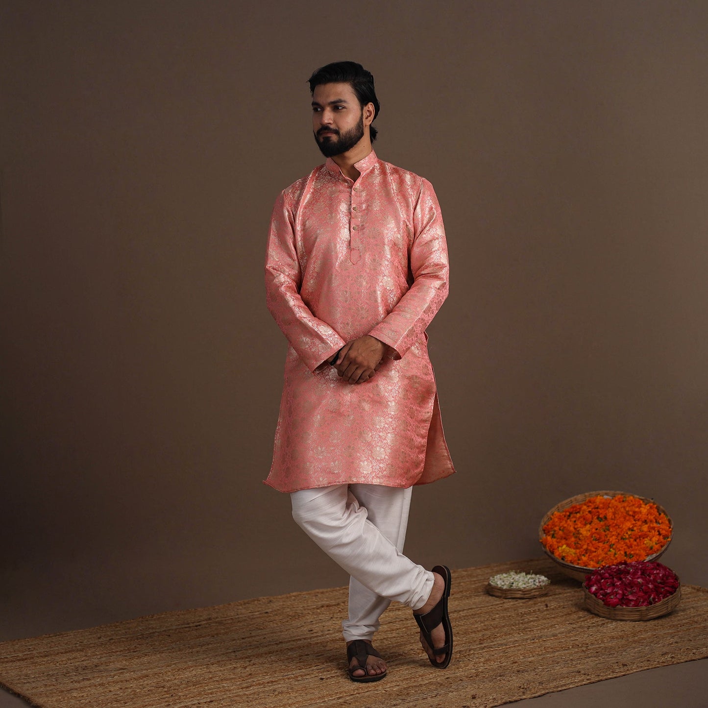 Pink Semi Silk Brocade Banarasi Men Kurta