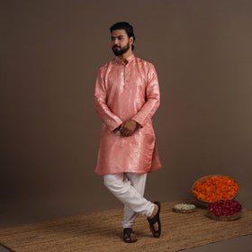 Pink Semi Silk Brocade Banarasi Men Kurta