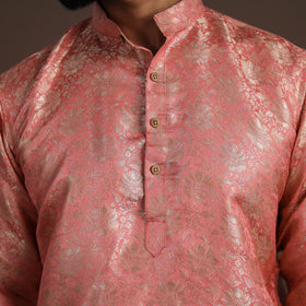Pink Semi Silk Brocade Banarasi Men Kurta
