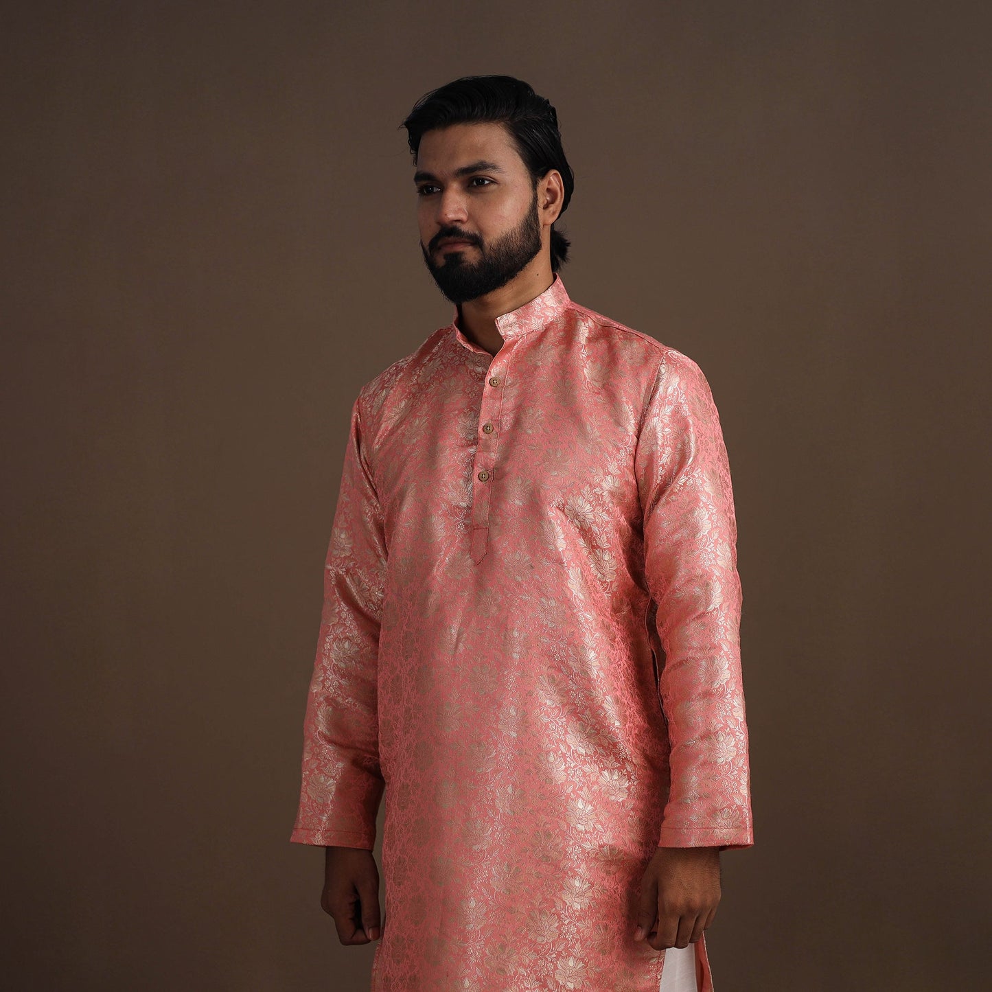 Pink Semi Silk Brocade Banarasi Men Kurta