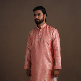 Pink Semi Silk Brocade Banarasi Men Kurta