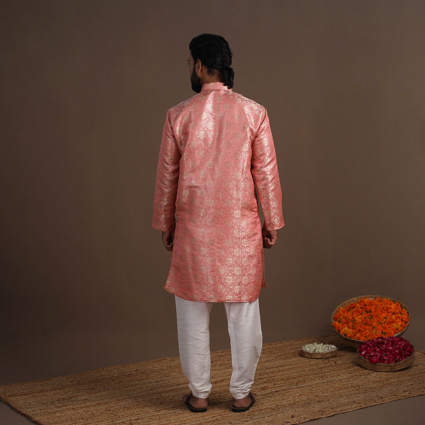 Pink Semi Silk Brocade Banarasi Men Kurta