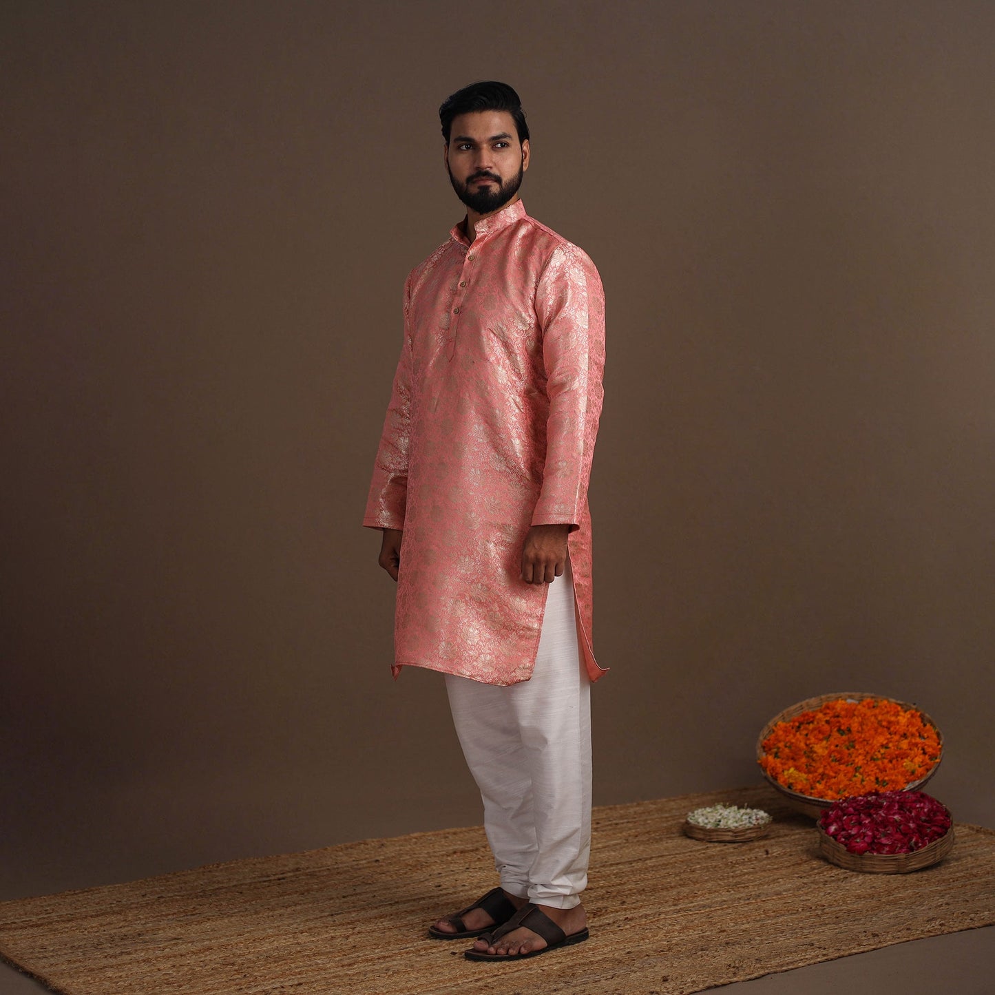 Pink Semi Silk Brocade Banarasi Men Kurta