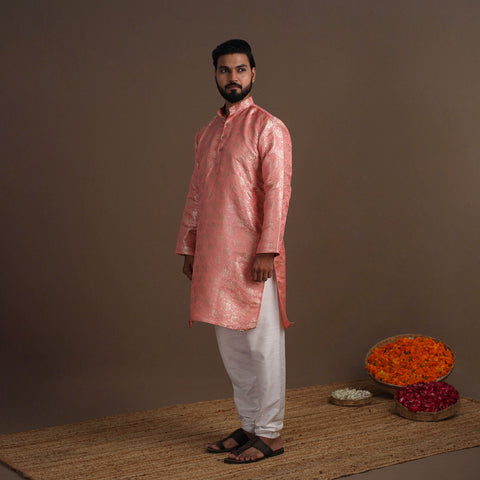 Pink Semi Silk Brocade Banarasi Men Kurta